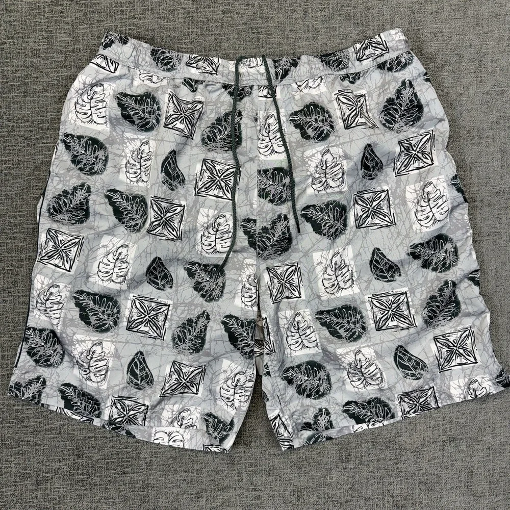 FUBU Swim‎ Board Shorts Mens XL Gray Green Beachwear Leaf Print Pockets